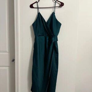 Dark blue satin asymmetrical midi dress